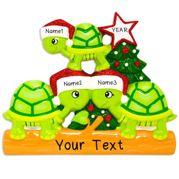 Personalized Turtle Family of 3 Christmas Tree Ornament 2023 - Cute 3 Turtles under the Christmas Tree - Custom Writing names ornament