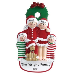 Family With Dog Personalized Christmas Tree Ornament | Custom Writing Christmas Gifts | Personalized Family Ornaments 2019 (Family of 4)