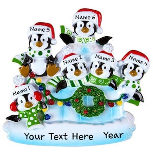 Penguin Igloo Family of 6 Personalized Christmas Ornaments | Penguin Igloo Family Ornament | Custom Writing Names Ornament