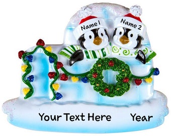 Penguin Igloo Family of 2 Personalized Christmas Ornaments 2023 | Penguin Igloo Couple Ornament | Custom Writing Names Ornament