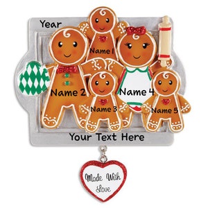 Gingerbread Made with Love Family of 5 Christmas Tree Ornament | Gingerbread Personalized Christmas Ornaments | Custom Writing Names