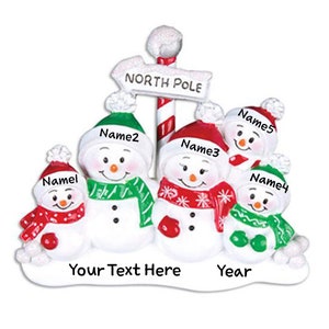 Personalized North Pole Family of 5 Christmas Tree Ornament 2024 | Snowman Hat Play Snowball Red Green Candy Cane Sign Family Ornament