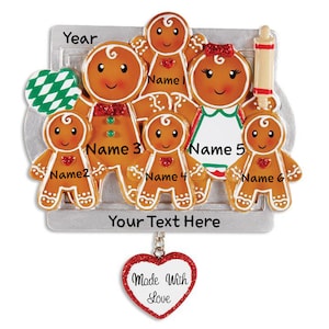 Gingerbread Made with Love Family of 6 Christmas Tree Ornament | Gingerbread Personalized Christmas Ornaments | Custom Writing Names