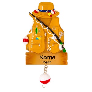 Fishing Vest Personalized Christmas Tree Ornament 2024 | Custom Writing Fishing Ornament Gift | Fisher Bait Fishing Pole ornament