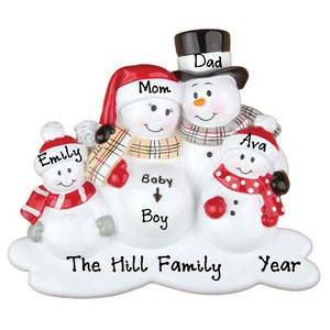 Personalized Expecting Baby Snowman Family of 4 Christmas Ornament 2020 - Pregnant Family with 2 Kids Christmas Tree Ornaments