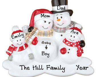 Personalized Expecting Baby Snowman Family of 4 Christmas Ornament 2020 - Pregnant Family with 2 Kids Christmas Tree Ornaments