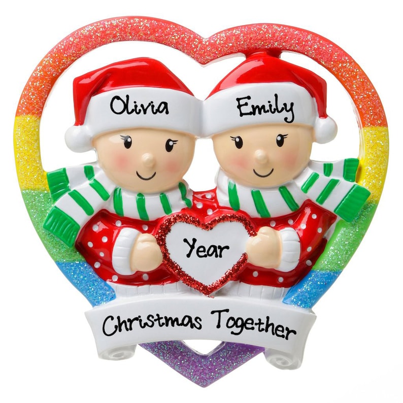 Personalized Same Sex Gay Couple Christmas Gift Ornament 2023 Rainbow Heart Our First Christmas Together Ornaments image 1