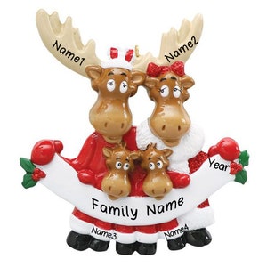 Moose Family Personalized Christmas Tree Ornament | Custom Writing Christmas Gifts | Personalized Family Ornaments (Family of 4)