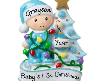 Personalized Baby's 1st Christmas Tree Ornament 2023 - Cute Blue Tree New Born for Baby Boy birthday gift Customize Xmas Ornaments