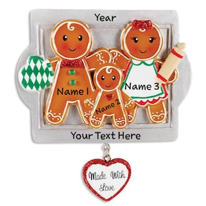 Gingerbread Made with Love Family of 3 Christmas Tree Ornament 2024 | Gingerbread Personalized Christmas Ornaments | Custom Writing Names