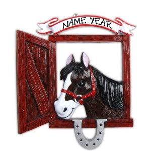 Personalized Black HORSE in Stall Christmas Tree Ornament | Horseshoe Barn Gift ideas for Horse Lovers