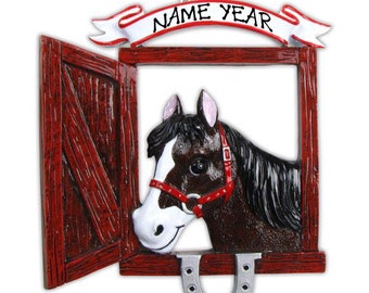 Personalized Black HORSE in Stall Christmas Tree Ornament | Horseshoe Barn Gift ideas for Horse Lovers