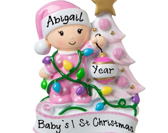 Personalized Baby's 1st Christmas Tree Ornament 2020 - Cute Pink New Born for Baby Girl birthday gift Present Customized Xmas Ornaments