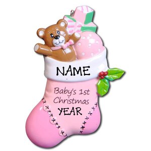 Personalized Pink Baby's 1st Christmas Tree Ornament Gift Baby Girl in Stocking Custom Writing female Baby First Christmas Ornament 2023