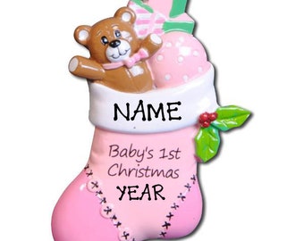 Personalized Pink Baby's 1st Christmas Tree Ornament Gift Baby Girl in Stocking Custom Writing female Baby First Christmas Ornament 2023