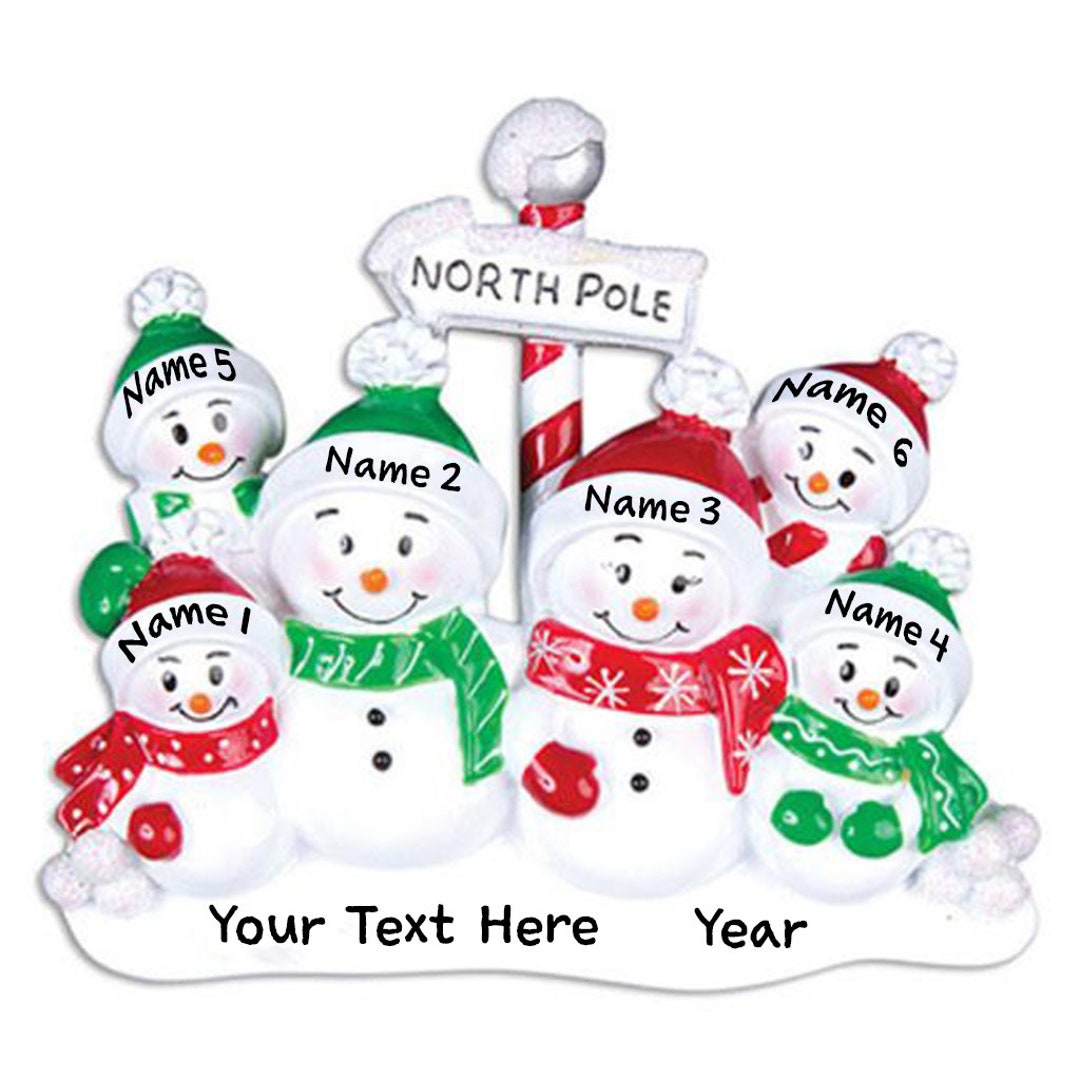 Personalized North Pole Family of 6 Christmas Tree Ornament | Snowman ...