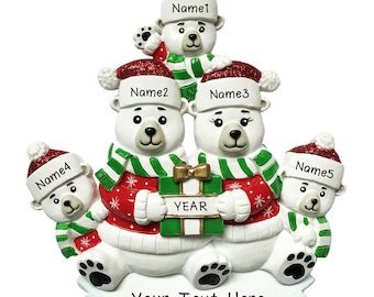 Personalized Polar Bear Family of 5 Ornament | Custom Writing Names Christmas Tree Ornament | Polar Bear Family With Santa Hat