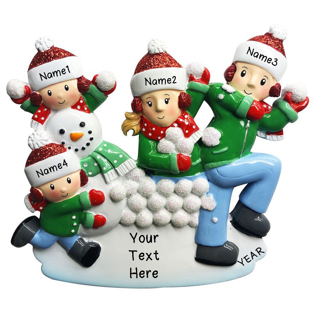 Snowball Fight Personalized Family of 4 in Christmas Tree Ornament 2024 ...