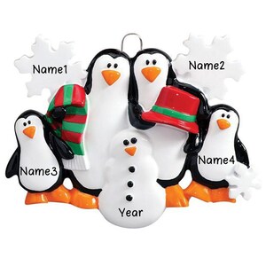 Personalized Happy Family Penguins Making Snowman Christmas Tree Ornament Present Gift Christmas Personalized Ornaments (Family of 4)