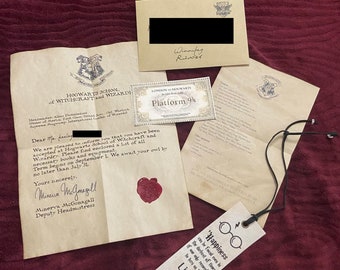May include: A Hogwarts acceptance letter on aged paper with a red wax seal, a London to Hogwarts Platform 9 3/4 ticket, a list of school supplies, a tan envelope, and a white bookmark featuring glasses and the quote Happiness can be found even in the darkest of times, if one only remembers to turn on the light.