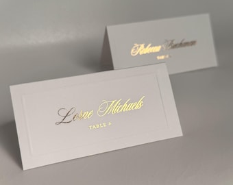 Marcadores de lugar para casamento com relevo manual e efeito espelhado | Cartões de acompanhamento personalizados em dourado, prateado ou preto | Recepção de luxo