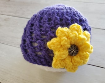 Purple Baby Girl Crochet Hat with Flower. Baby Crochet Photo Prop. LSU Inspired Baby Girl Coming Home Hat. Baby Shower Gift. Ready to Ship