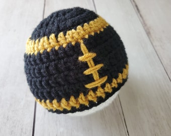 Baby Crochet Football Hat. Football Hat with Bow. Black & Gold Hat. Crochet Photo Prop. Saints Inspired Hat. Baby Shower Gift. READY TO SHIP