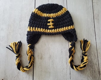 Baby Crochet Football Hat. Football Hat with Braids. Black & Gold. Crochet Photo Prop. Saints Inspired Hat. Baby Shower Gift. READY TO SHIP