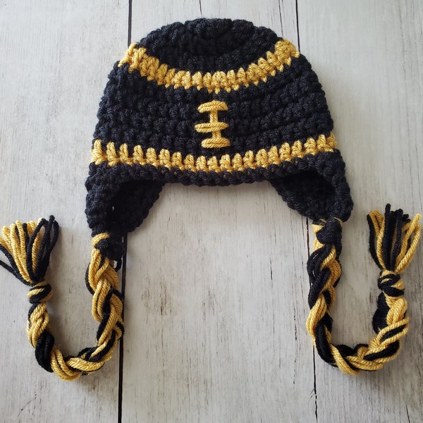 Baby Crochet Football Hat. Football Hat with Braids. Black & Gold. Crochet Photo Prop. Saints Inspired Hat. Baby Shower Gift. READY TO SHIP