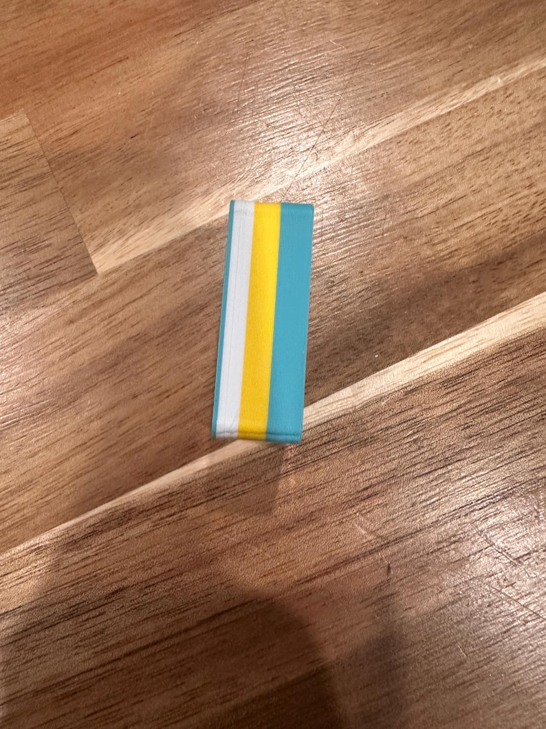 May include: A rectangular eraser with a teal, yellow, white, and teal striped design. The eraser is lying on a wooden surface.