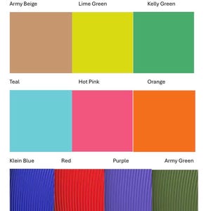 May include: A color chart titled Available Colors displaying nine swatches. The top two rows show solid squares in army beige, lime green, kelly green, teal, hot pink, and orange. The bottom row features four textured, ribbed vertical panels in klein blue, red, purple, and army green.