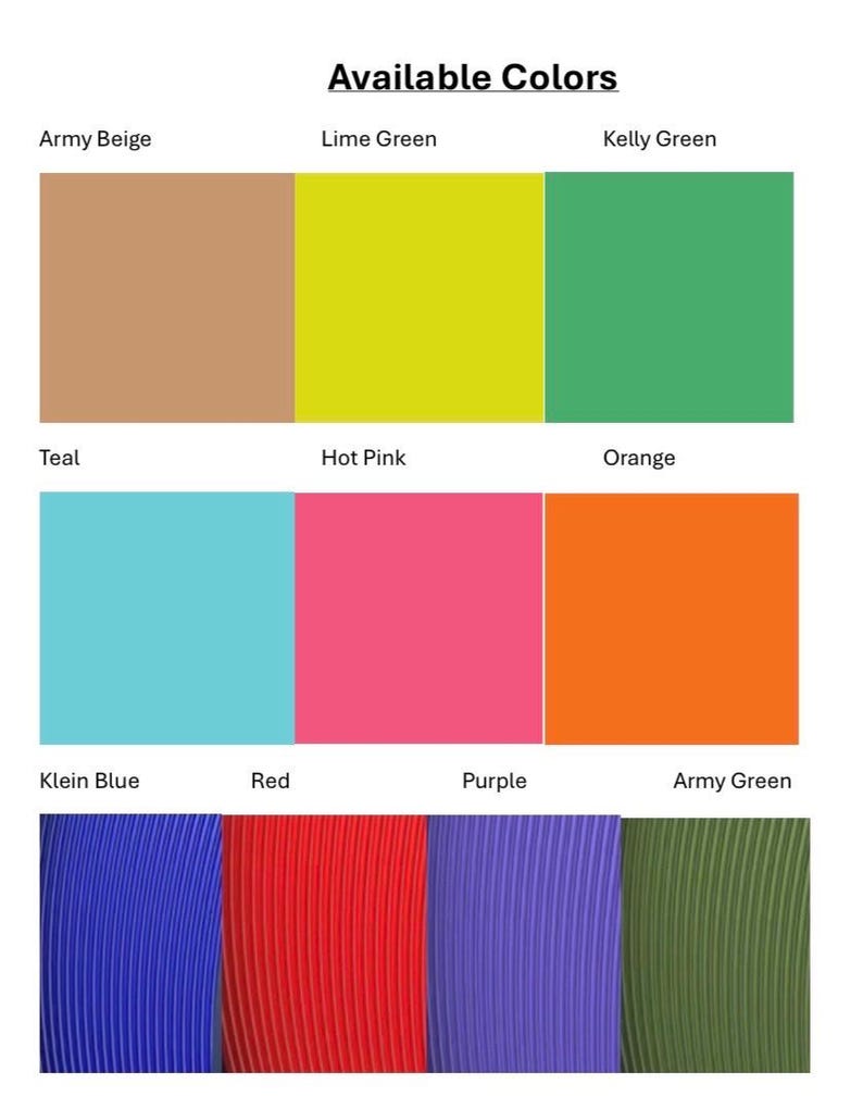 May include: A color chart titled Available Colors displaying nine swatches. The top two rows show solid squares in army beige, lime green, kelly green, teal, hot pink, and orange. The bottom row features four textured, ribbed vertical panels in klein blue, red, purple, and army green.