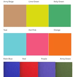 May include: A color chart titled Available Colors displaying nine swatches. The top two rows show solid squares in army beige, lime green, kelly green, teal, hot pink, and orange. The bottom row features four textured, ribbed vertical panels in klein blue, red, purple, and army green.