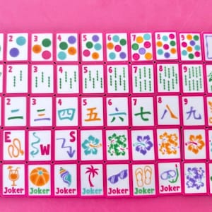 May include: A full Mahjong set with pink edging and white tiles. The tiles display diverse symbols, numbers, and Chinese characters. Some tiles have the word "Joker" at the bottom. The set is laid out on a pink surface.