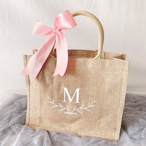 Custom Burlap Bag with Monogram and Ribbon, Personalized Bridal Tote, Bridal Jute Bag, Bridesmaid Proposal Gift, Bachelorette Beach Wedding