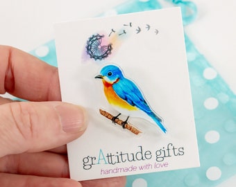 Bluebird of Happiness Pin, Original Art Pin, Acrylic Lapel Pin, Gift for Audubon Bird Lovers