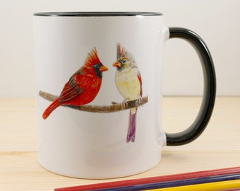 Cardinal Mug Original Art 11oz Mug, Gift for Audubon Bird Lovers, Black Handle & Interior