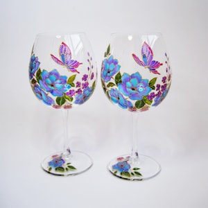 Personalized wine glasses with blue flowers 50th birthday gift