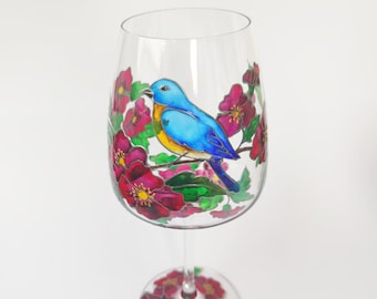 Personalized Wine glass with blue bird, hand painted wine glass 30th birthday gift for women, mother in law gift