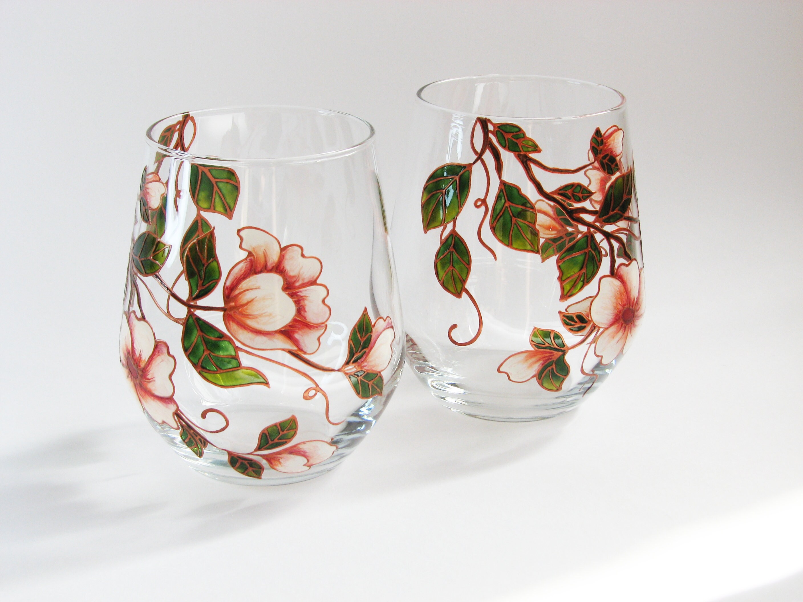 Stemless wine glasses hand painted with floral design Etsy