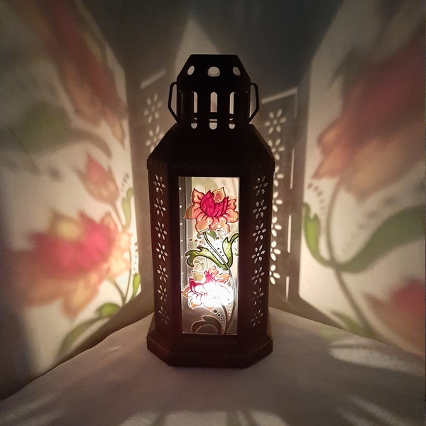 Candle lantern stained glass, votive candle holder, fairy lights patio decor