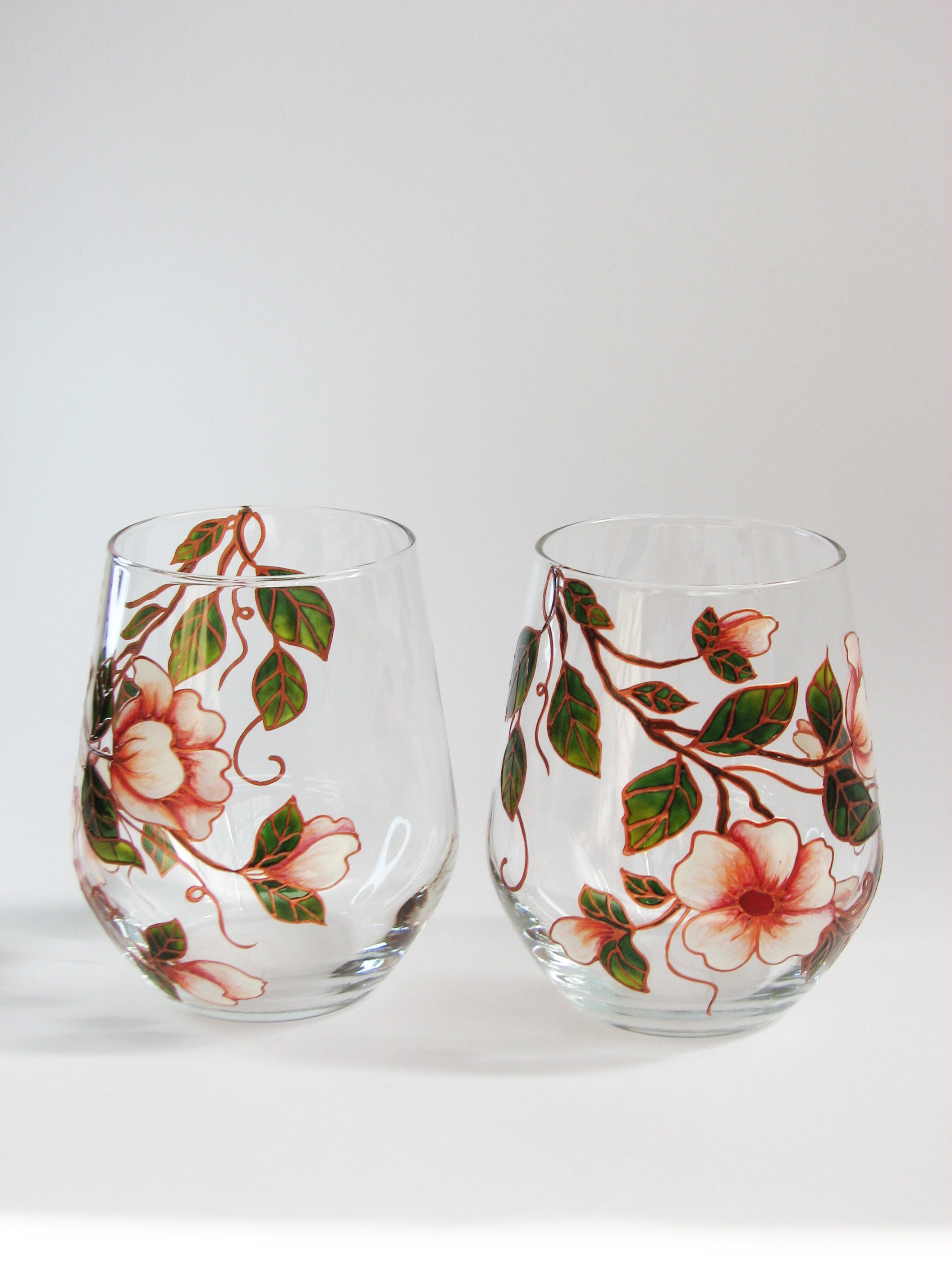 Stemless wine glasses hand painted with floral design Etsy
