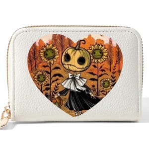 Cartera de cremallera con soporte para varias tarjetas con estampado de muñeca de calabaza y llavero de Halloween / billetera estilo gotico