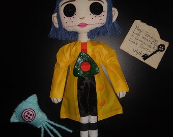 Cloth doll / Coraline doll / Coraline and the secret door / Custom Coraline / button eyes / coraline key / button key