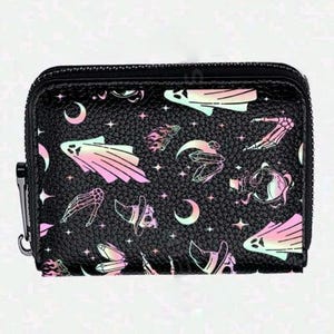 Cartera de brujas cremallera con soporte para varias tarjetas con estampado de fantasma y craneo con llavero de Halloween / Monedero gotico