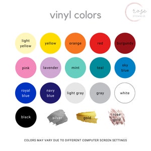 Puede incluir: Una tabla de colores de vinilo para proyectos de manualidades. Los colores incluyen amarillo claro, amarillo, naranja, rojo, burdeos, rosa, lavanda, menta, azul turquesa, azul cielo, azul real, azul marino, gris claro, gris, blanco, negro, plata, oro y oro rosa.