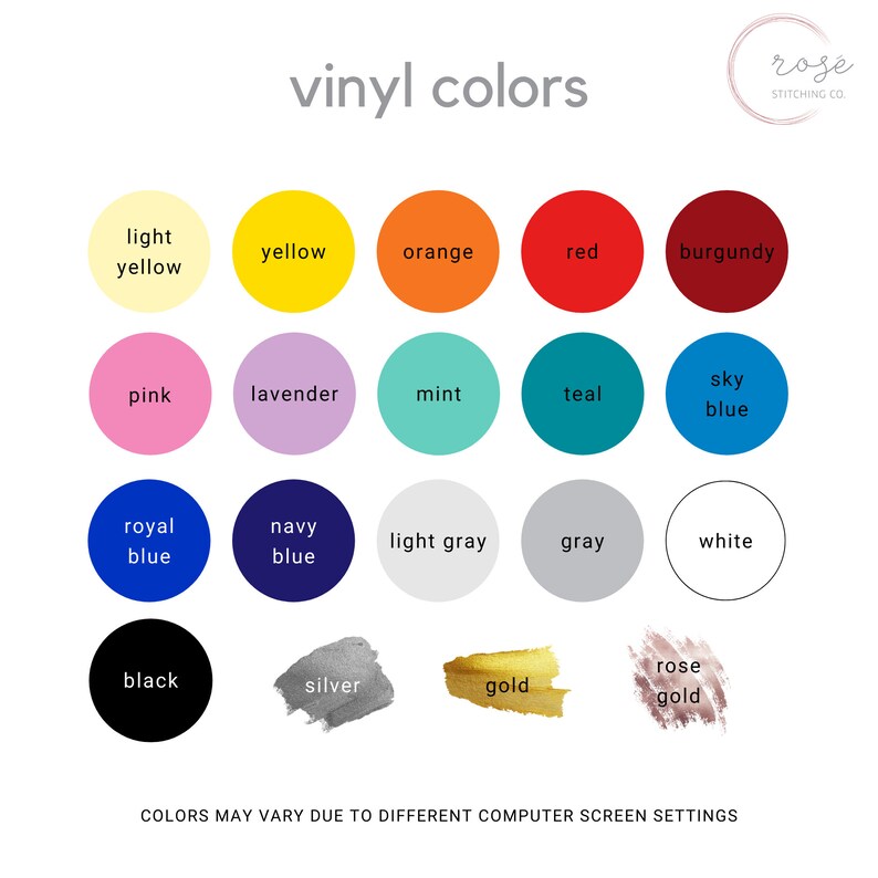 Puede incluir: Una tabla de colores de vinilo para proyectos de manualidades. Los colores incluyen amarillo claro, amarillo, naranja, rojo, burdeos, rosa, lavanda, menta, azul turquesa, azul cielo, azul real, azul marino, gris claro, gris, blanco, negro, plata, oro y oro rosa.