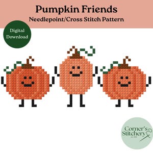 May include: A digital needlepoint and cross stitch pattern titled Pumpkin Friends featuring three orange pixelated pumpkins with brown stems, green vines, black stick arms, and black stick legs, each with a simple black smiling face.
