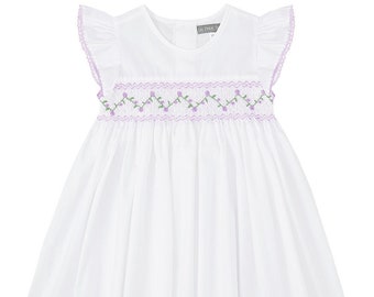 Smocked White & Lavender Angel Sleeve Dress