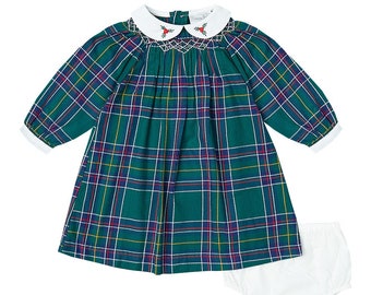 Smocked Green Plaid Dress& Diaper Cover